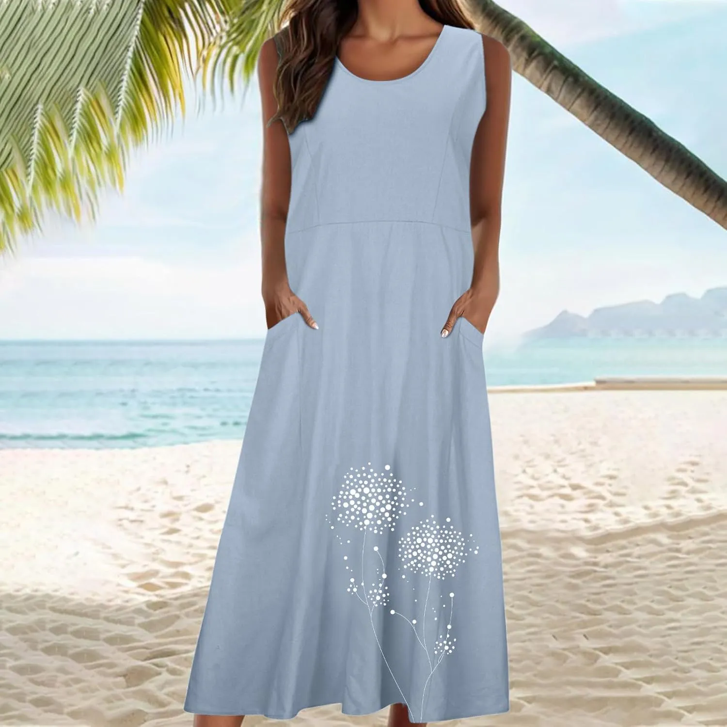 Women's Cotton Linen Dress Folral Printed Sleeveless Round Neck Long Dress Casual Loose Beach Tank Sundress