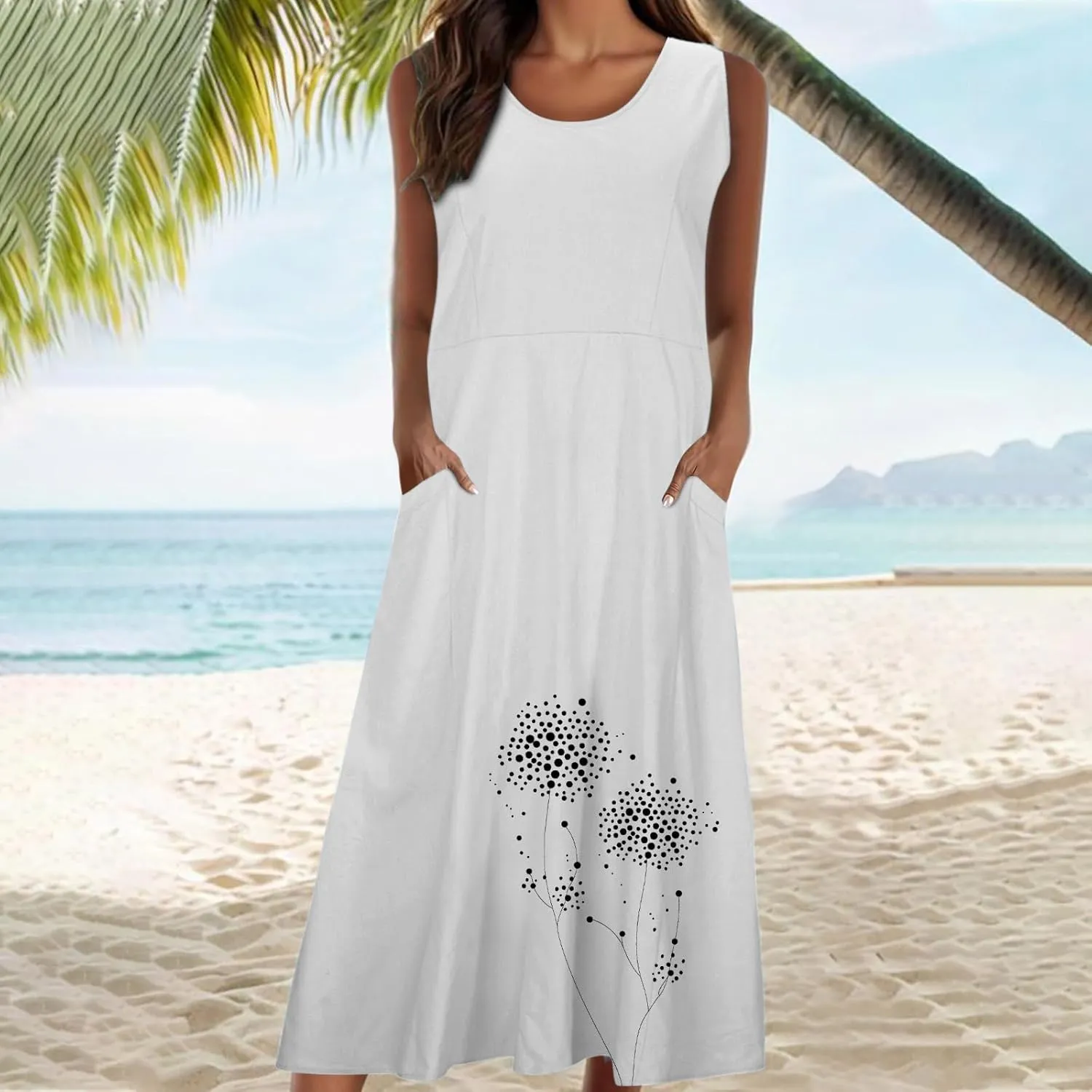 Women's Cotton Linen Dress Folral Printed Sleeveless Round Neck Long Dress Casual Loose Beach Tank Sundress