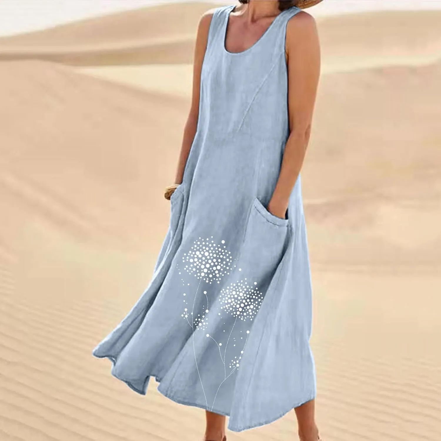 Women's Cotton Linen Dress Folral Printed Sleeveless Round Neck Long Dress Casual Loose Beach Tank Sundress