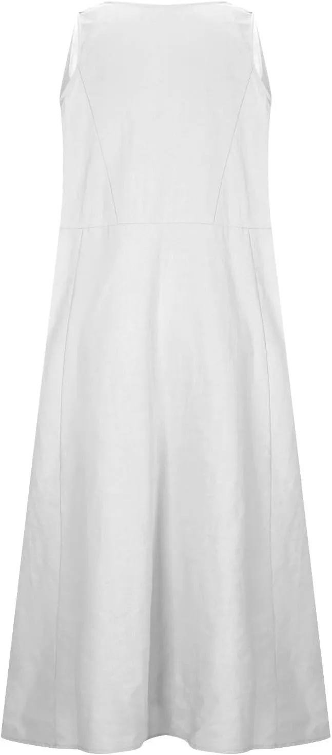 Women's Cotton Linen Dress Folral Printed Sleeveless Round Neck Long Dress Casual Loose Beach Tank Sundress