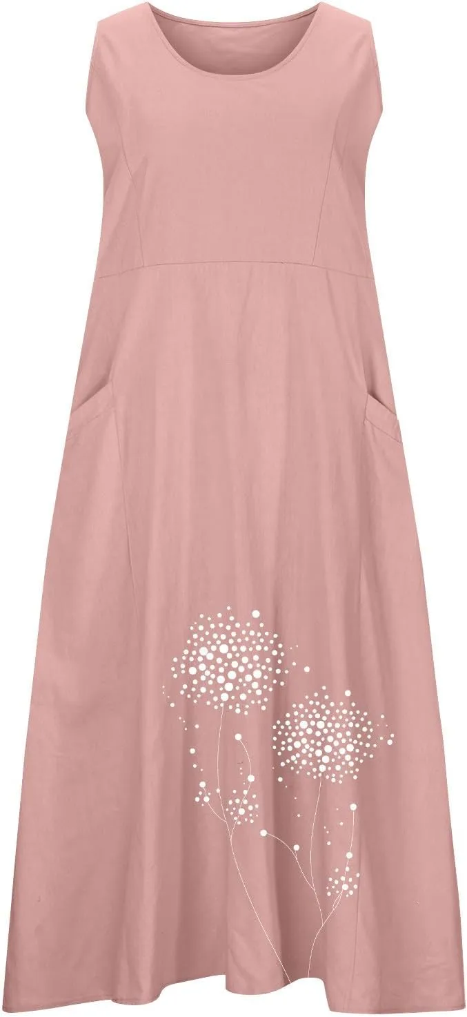 Women's Cotton Linen Dress Folral Printed Sleeveless Round Neck Long Dress Casual Loose Beach Tank Sundress