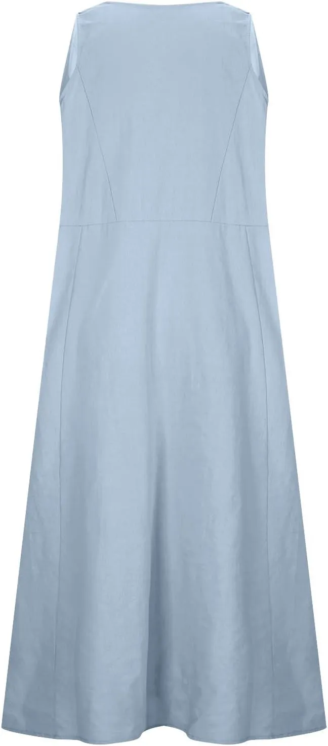 Women's Cotton Linen Dress Folral Printed Sleeveless Round Neck Long Dress Casual Loose Beach Tank Sundress