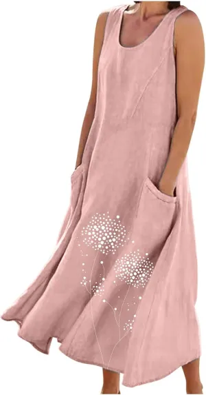 Women's Cotton Linen Dress Folral Printed Sleeveless Round Neck Long Dress Casual Loose Beach Tank Sundress
