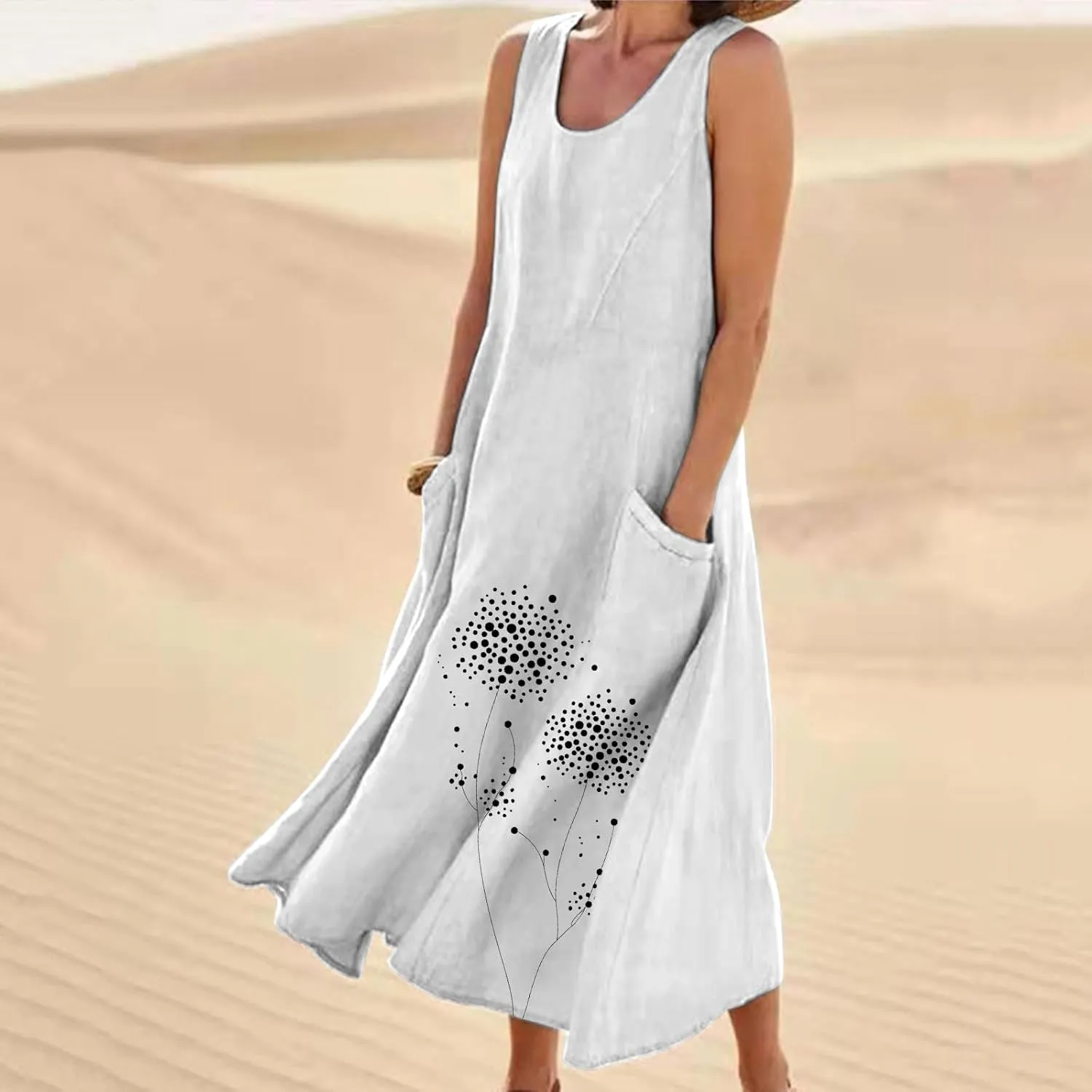 Women's Cotton Linen Dress Folral Printed Sleeveless Round Neck Long Dress Casual Loose Beach Tank Sundress