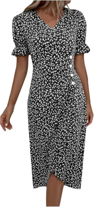 Women's Dresses Floral Printed Boho Dresses Summer Swing V-Neck Short Sleeve Dress Maxi, S-XL