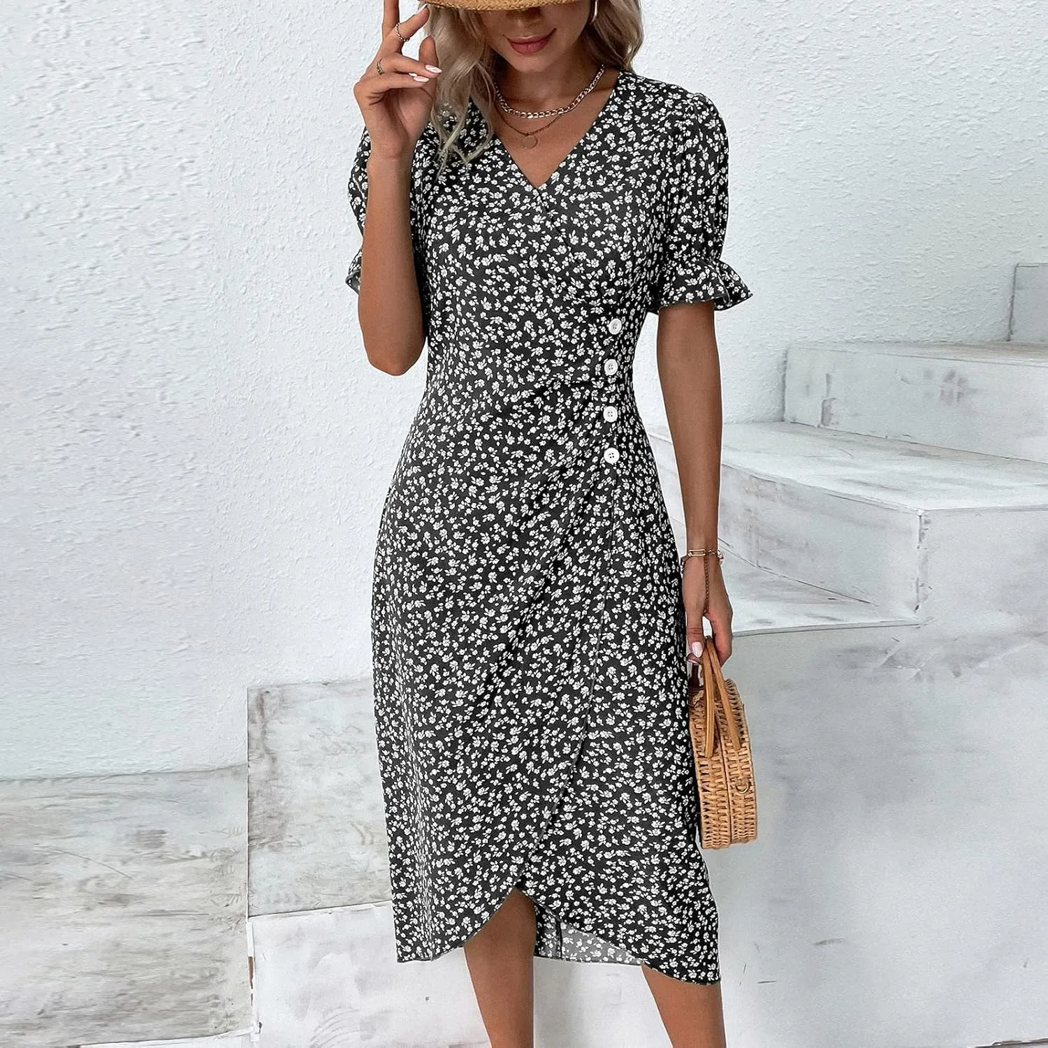 Women's Dresses Floral Printed Boho Dresses Summer Swing V-Neck Short Sleeve Dress Maxi, S-XL