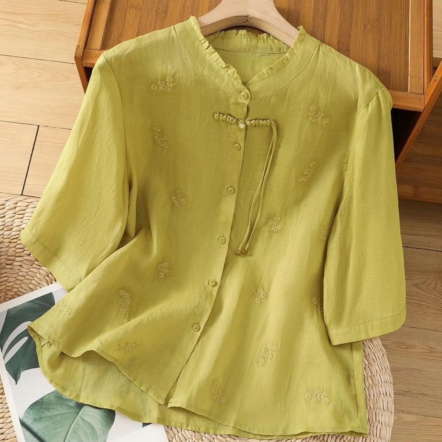 Womens Embroidery Shirts Solid Long Sleeve Cotton Linen Summer Casual Fashion Blouse Tops Loose T Shirt