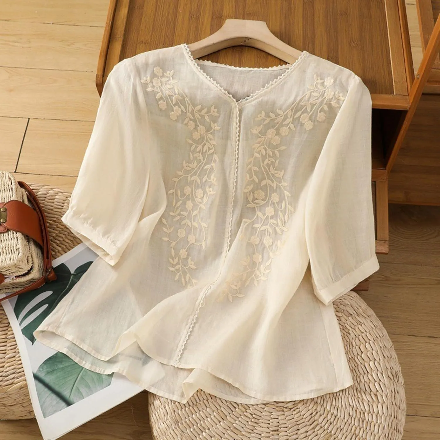 Womens Embroidery Shirts Solid Long Sleeve Cotton Linen Summer Casual Fashion Blouse Tops Loose T Shirt