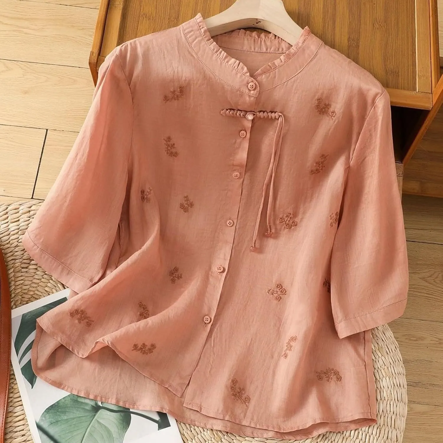 Womens Embroidery Shirts Solid Long Sleeve Cotton Linen Summer Casual Fashion Blouse Tops Loose T Shirt