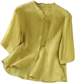 Womens Embroidery Shirts Solid Long Sleeve Cotton Linen Summer Casual Fashion Blouse Tops Loose T Shirt