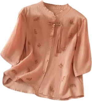 Womens Embroidery Shirts Solid Long Sleeve Cotton Linen Summer Casual Fashion Blouse Tops Loose T Shirt