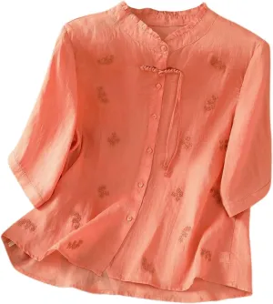 Womens Embroidery Shirts Solid Long Sleeve Cotton Linen Summer Casual Fashion Blouse Tops Loose T Shirt