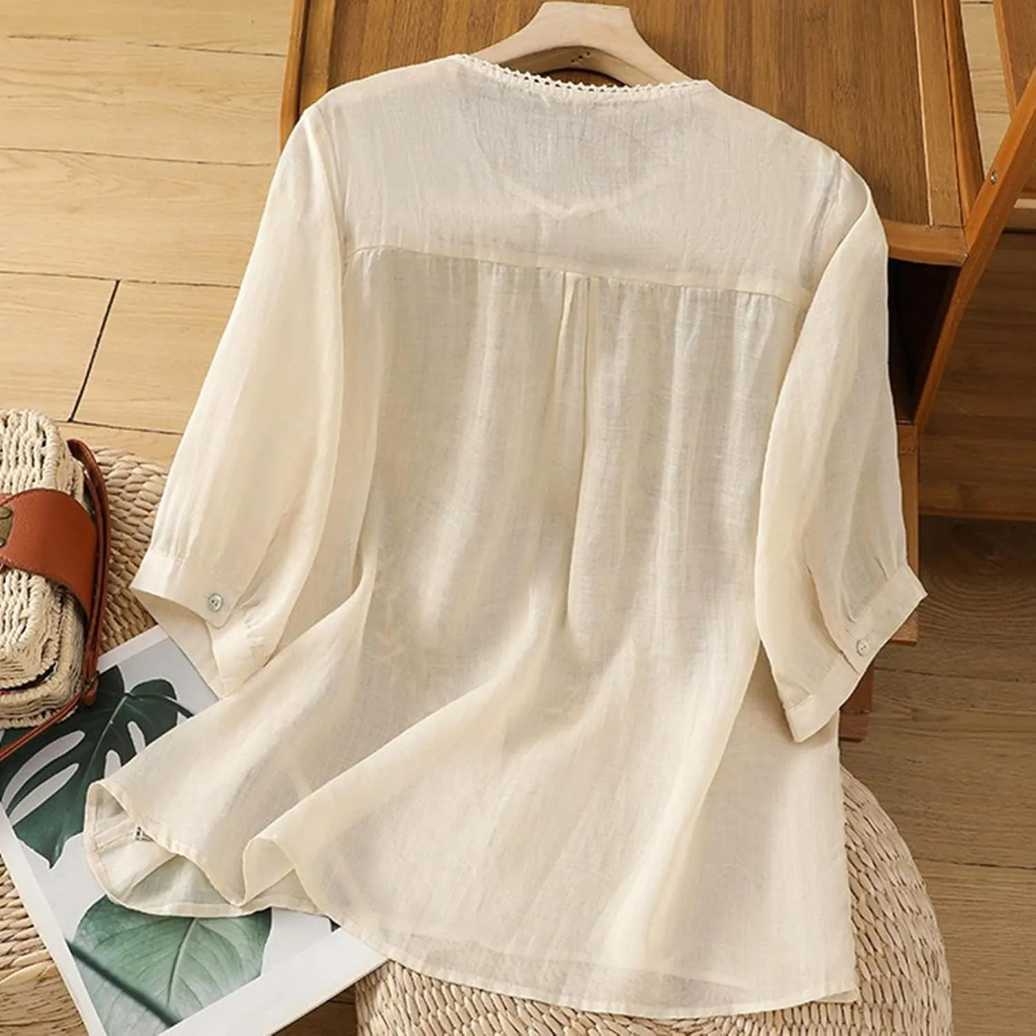 Womens Embroidery Shirts Solid Long Sleeve Cotton Linen Summer Casual Fashion Blouse Tops Loose T Shirt