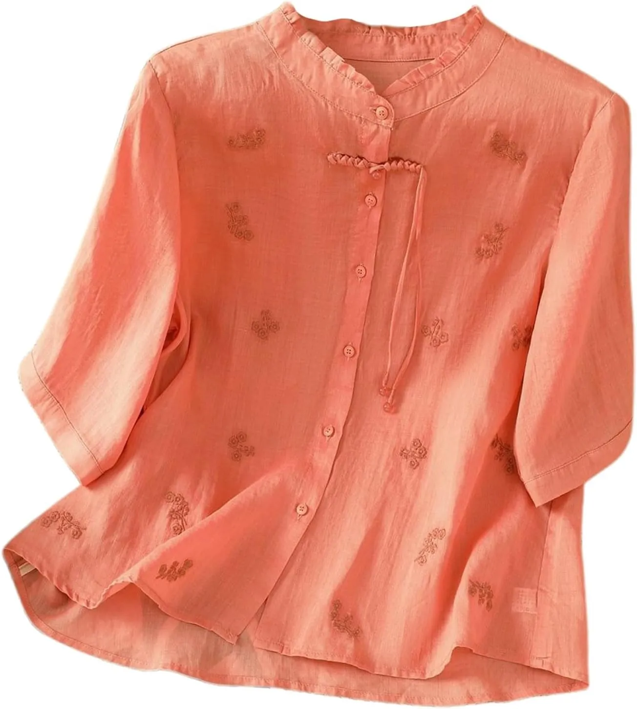 Womens Embroidery Shirts Solid Long Sleeve Cotton Linen Summer Casual Fashion Blouse Tops Loose T Shirt