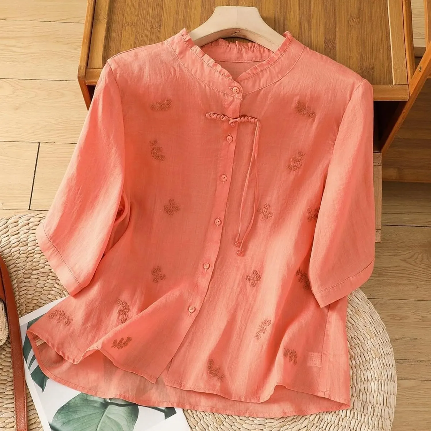 Womens Embroidery Shirts Solid Long Sleeve Cotton Linen Summer Casual Fashion Blouse Tops Loose T Shirt