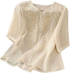 Womens Embroidery Shirts Solid Long Sleeve Cotton Linen Summer Casual Fashion Blouse Tops Loose T Shirt