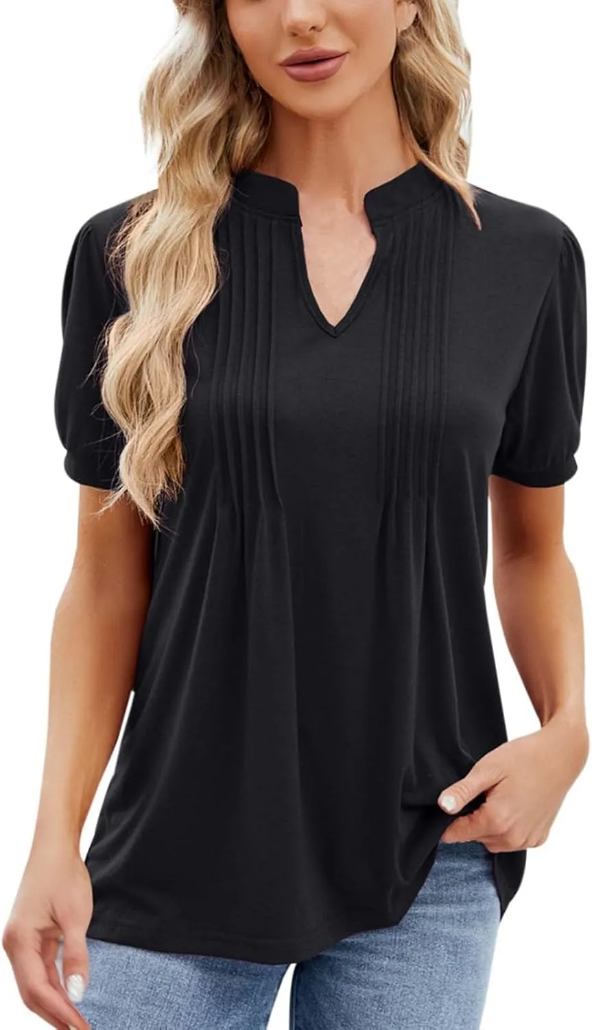 Women's Fashion Casual Solid Color Spring/Summer V Neck Ruffled Stretch Short Sleeved T Long Sleeved Shirts for