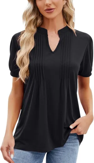 Women's Fashion Casual Solid Color Spring/Summer V Neck Ruffled Stretch Short Sleeved T Long Sleeved Shirts for