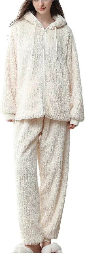 Women's Fleece Lounge Set Long Sleeve Winter Pajamas 2 Piece Outfits Winter Velvet Sleepwear Hoodies Pants Pjs