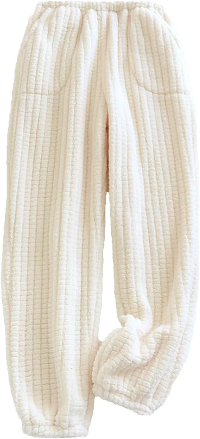Womens Fleece Pajama Pants Cozy Fuzzy Warm Lounge Pants Cute Print Winter Sleepwear Elastic Waist Loungewear Slacks