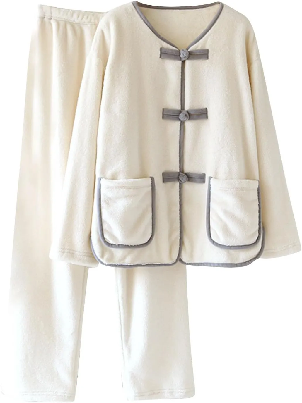 Womens Fluffy Loungewear Chinese Frog Button Sleepwear Lounge Casual Pajamas Sets Plush Fleece Pullover and Pants Set