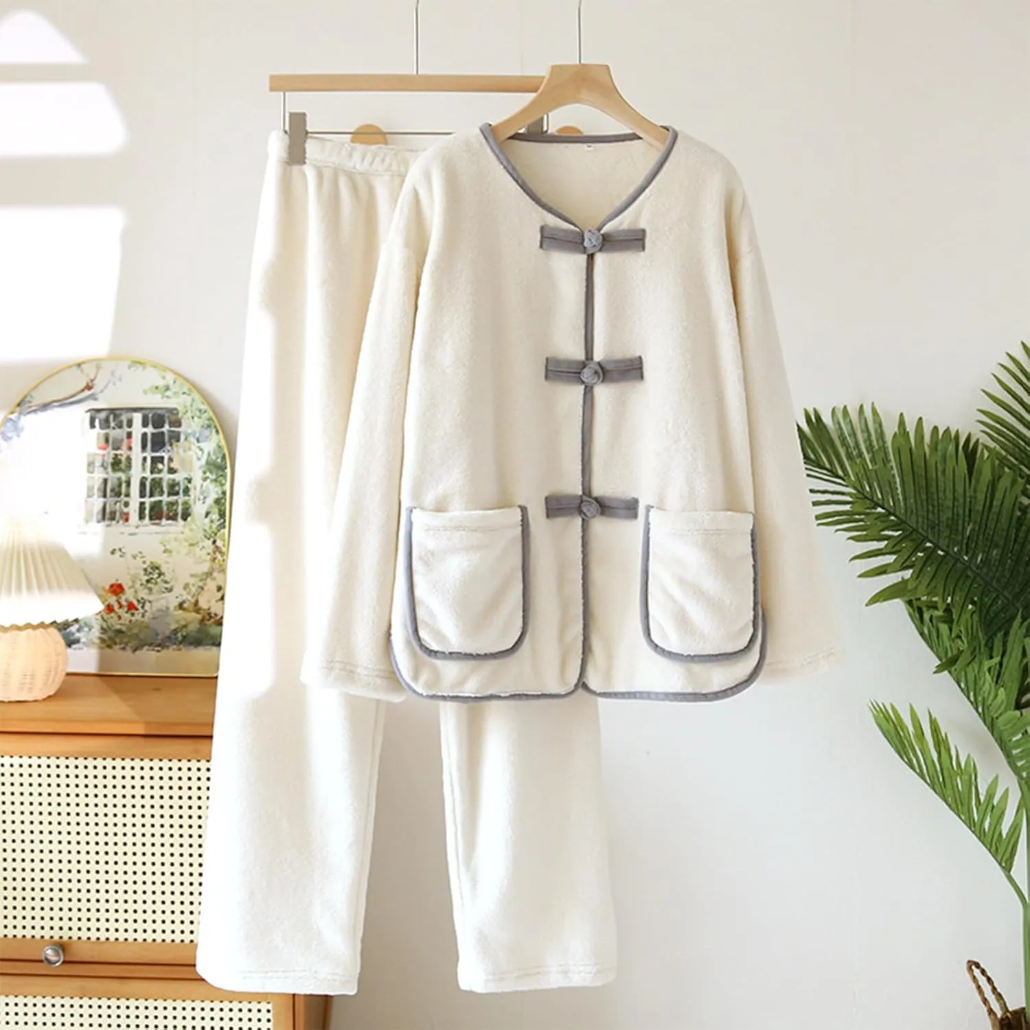 Womens Fluffy Loungewear Chinese Frog Button Sleepwear Lounge Casual Pajamas Sets Plush Fleece Pullover and Pants Set