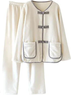 Womens Fluffy Loungewear Chinese Frog Button Sleepwear Lounge Casual Pajamas Sets Plush Fleece Pullover and Pants Set