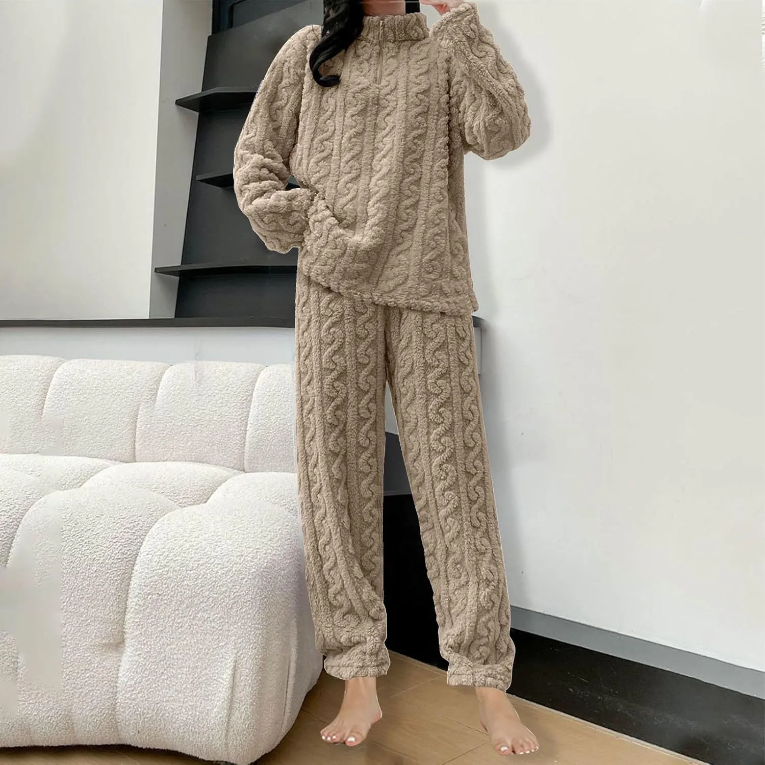 Women's Fluffy Pajamas Set Fleece Pullover Pants Winter Warm Loose Casual Plush Lounge Sets 2 Piece Cozy Sleepwear