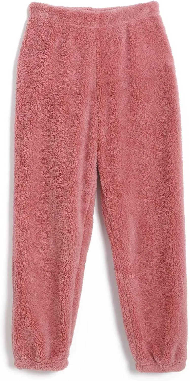 Womens Fluffy Plush Pajama Pants Winter Cozy Lounge Pants Warm Soft Fleece High Waisted PJ Bottoms Cozy Sleepwear