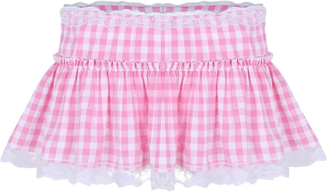 Women's Frilly Lace Gingham Micro Mini Skirt Pleated A Line Skirts Adult Baby Sissy Crossdress