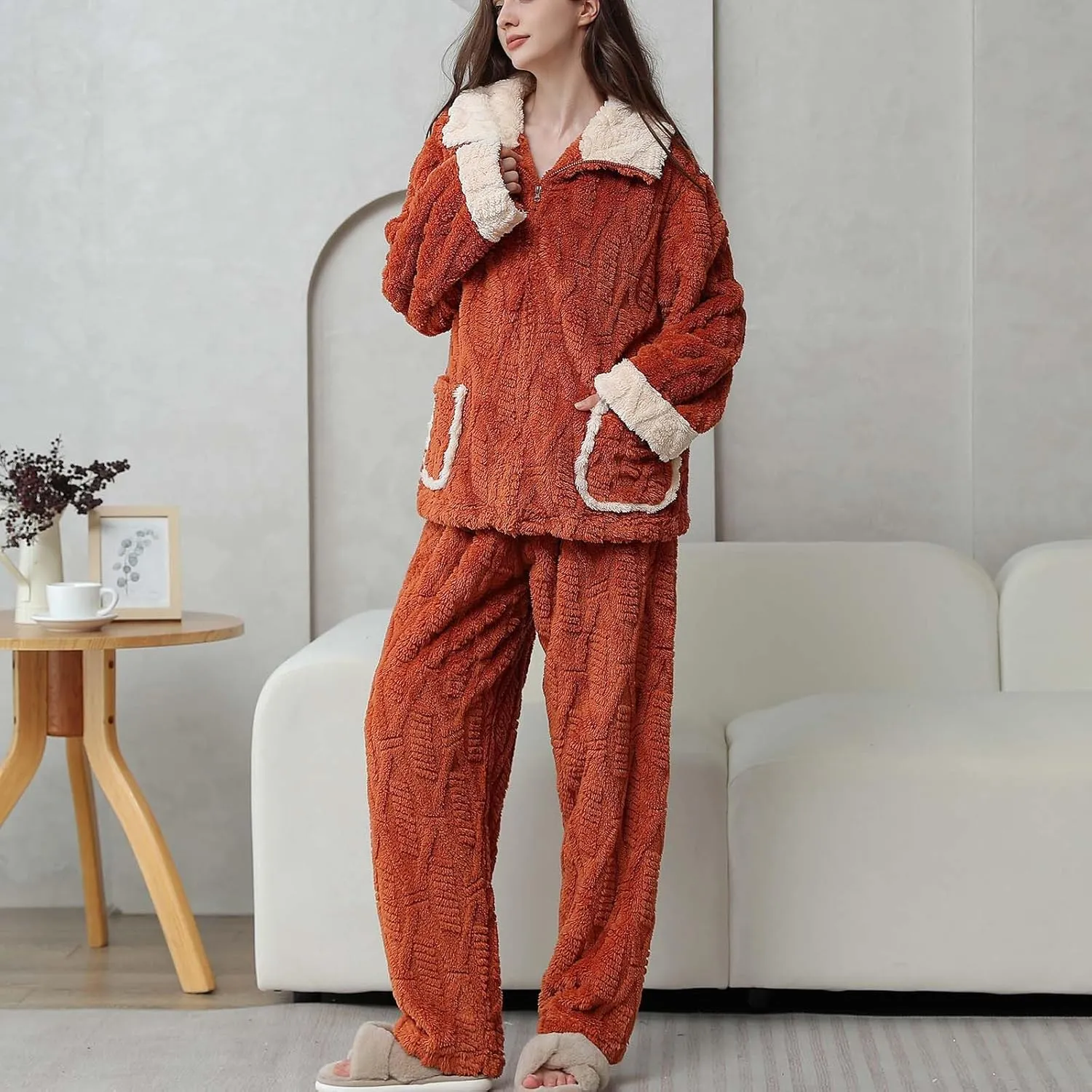 Womens Fuzzy Fleece Pajamas Sets 2 Piece Fluffy Sherpa Jackets and Pants Cozy Soft Warm Lounge Sets Sleepwear Outfit