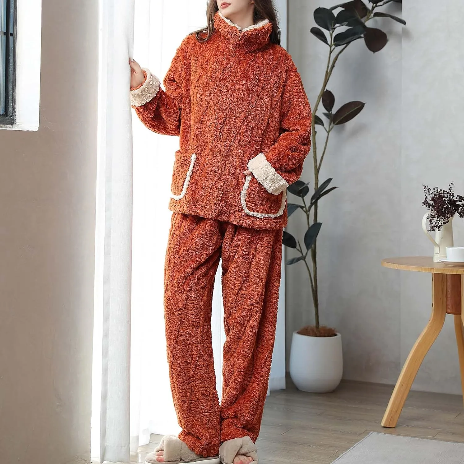Womens Fuzzy Fleece Pajamas Sets 2 Piece Fluffy Sherpa Jackets and Pants Cozy Soft Warm Lounge Sets Sleepwear Outfit