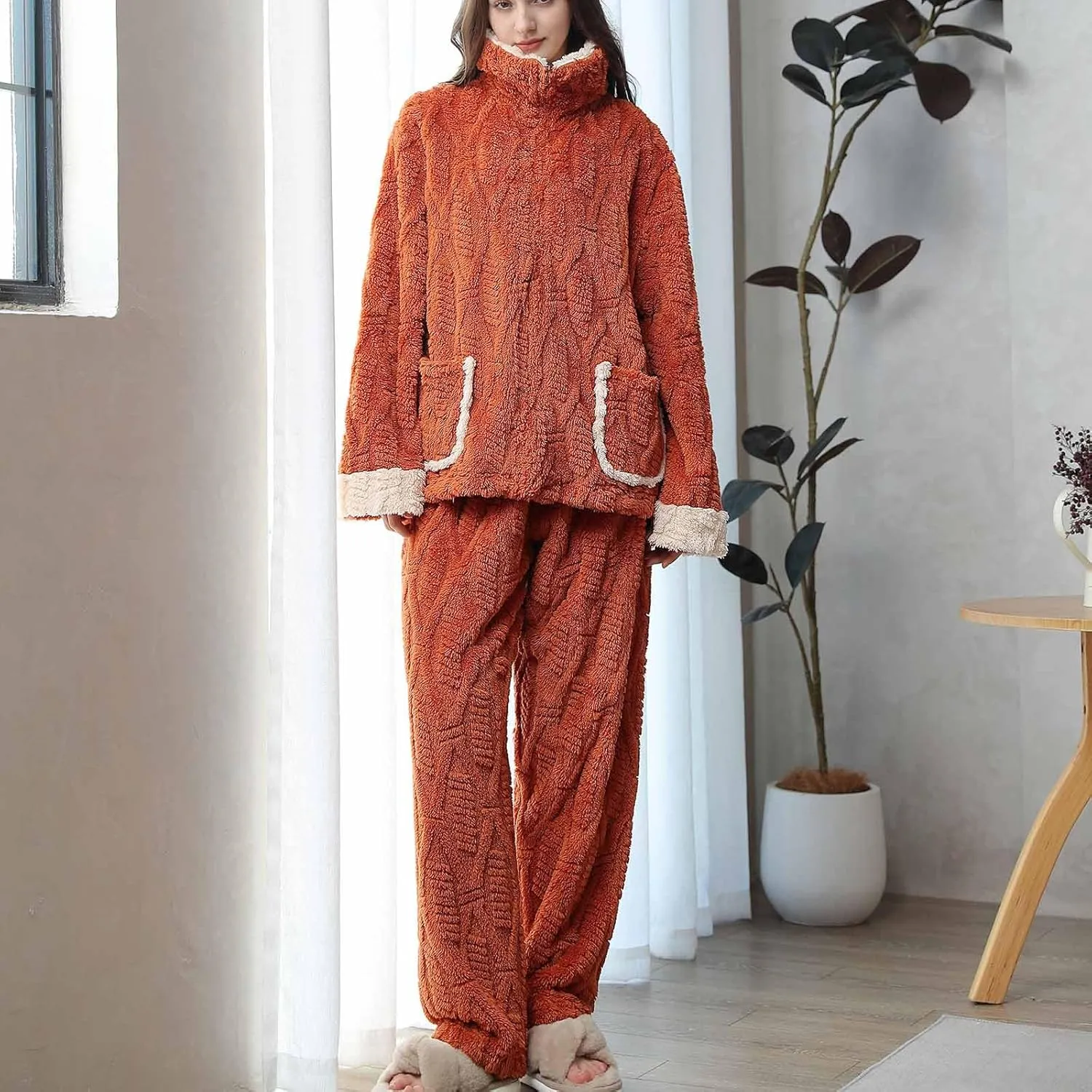 Womens Fuzzy Fleece Pajamas Sets 2 Piece Fluffy Sherpa Jackets and Pants Cozy Soft Warm Lounge Sets Sleepwear Outfit