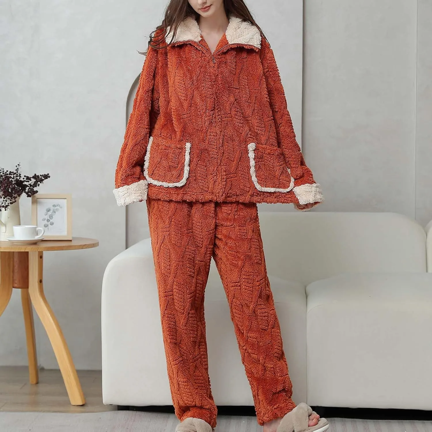 Womens Fuzzy Fleece Pajamas Sets 2 Piece Fluffy Sherpa Jackets and Pants Cozy Soft Warm Lounge Sets Sleepwear Outfit