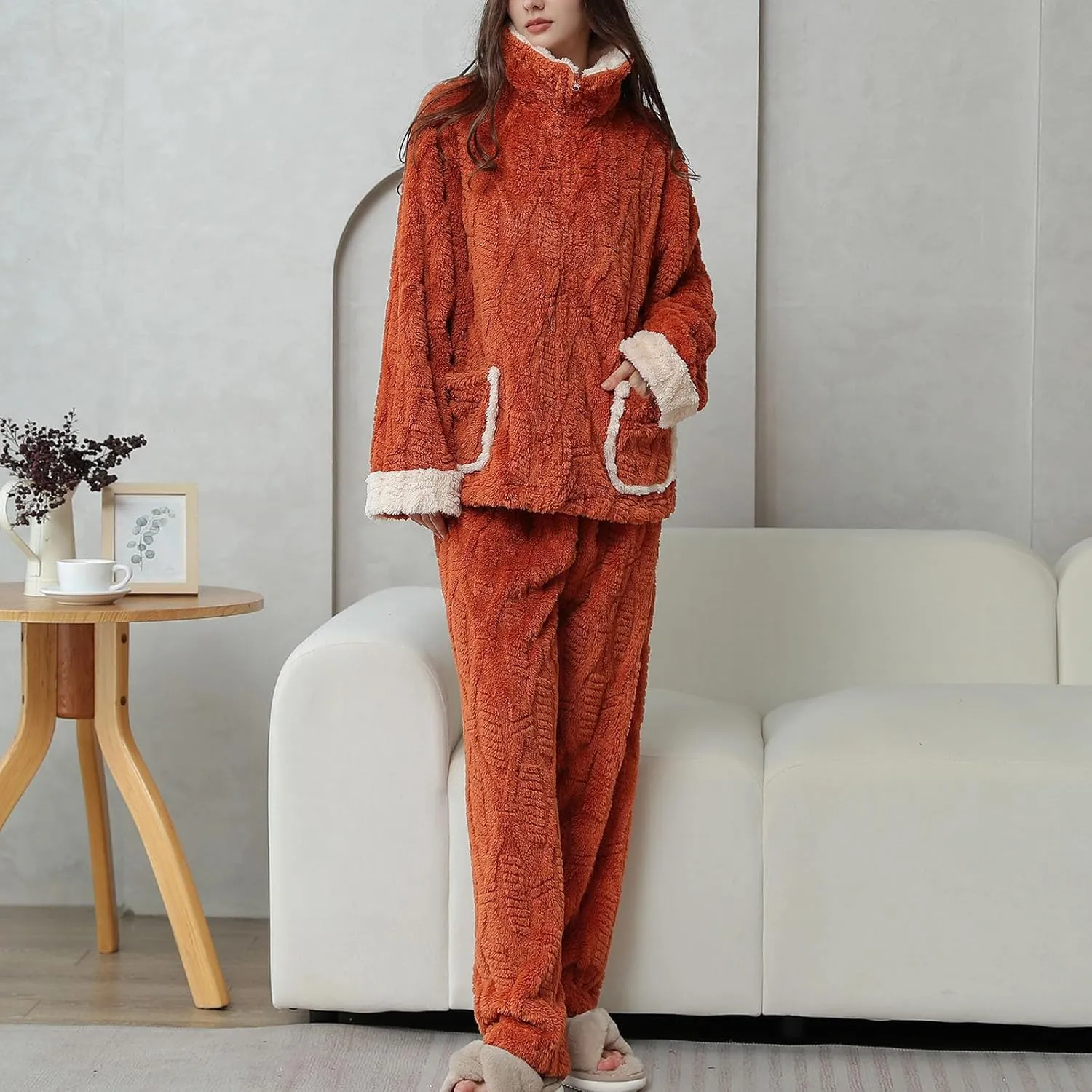 Womens Fuzzy Fleece Pajamas Sets 2 Piece Fluffy Sherpa Jackets and Pants Cozy Soft Warm Lounge Sets Sleepwear Outfit