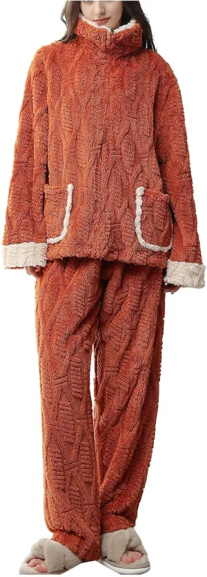 Womens Fuzzy Fleece Pajamas Sets 2 Piece Fluffy Sherpa Jackets and Pants Cozy Soft Warm Lounge Sets Sleepwear Outfit