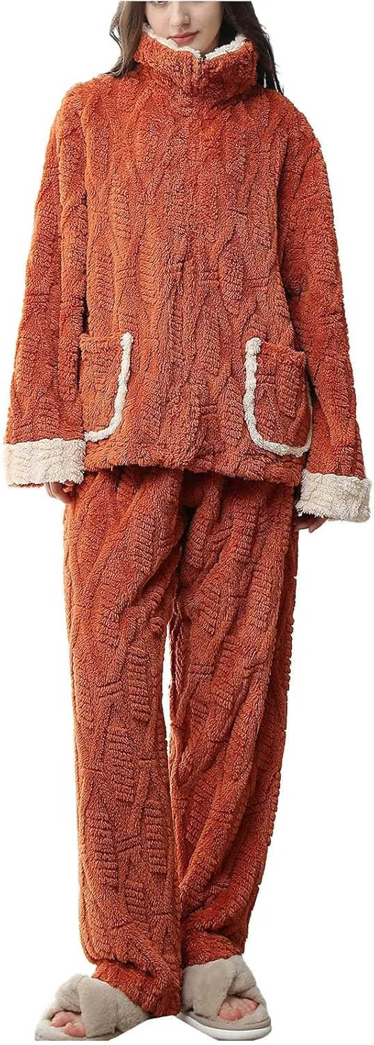 Womens Fuzzy Fleece Pajamas Sets 2 Piece Fluffy Sherpa Jackets and Pants Cozy Soft Warm Lounge Sets Sleepwear Outfit