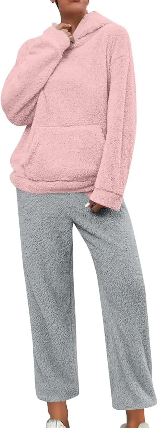 Womens Fuzzy Fleece Pajamas Sets Sherpa Long Sleeve Hoodie and Pants 2 Piece Plush Sleepwear Lounge Tops