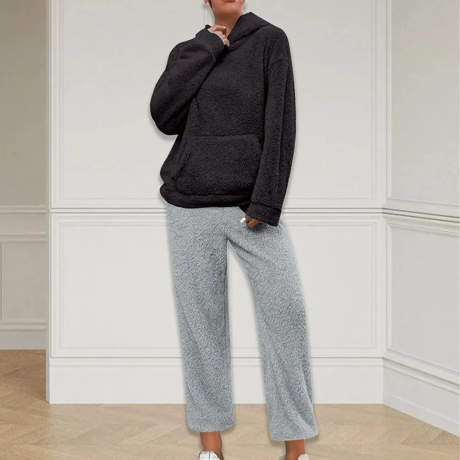 Womens Fuzzy Fleece Pajamas Sets Sherpa Long Sleeve Hoodie and Pants 2 Piece Plush Sleepwear Lounge Tops