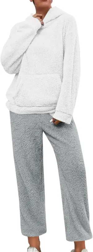 Womens Fuzzy Fleece Pajamas Sets Sherpa Long Sleeve Hoodie and Pants 2 Piece Plush Sleepwear Lounge Tops