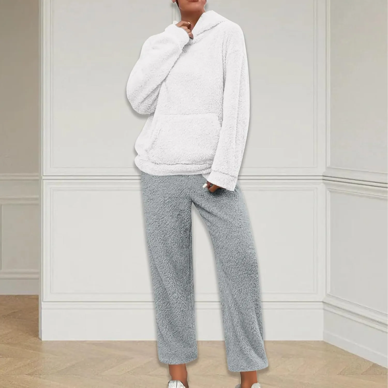 Womens Fuzzy Fleece Pajamas Sets Sherpa Long Sleeve Hoodie and Pants 2 Piece Plush Sleepwear Lounge Tops
