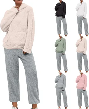 Womens Fuzzy Fleece Pajamas Sets Sherpa Long Sleeve Hoodie and Pants 2 Piece Plush Sleepwear Lounge Tops