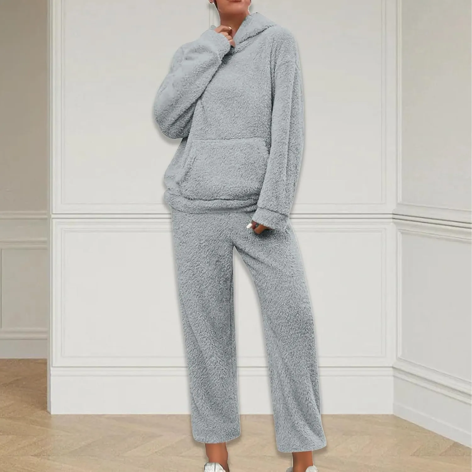 Womens Fuzzy Fleece Pajamas Sets Sherpa Long Sleeve Hoodie and Pants 2 Piece Plush Sleepwear Lounge Tops