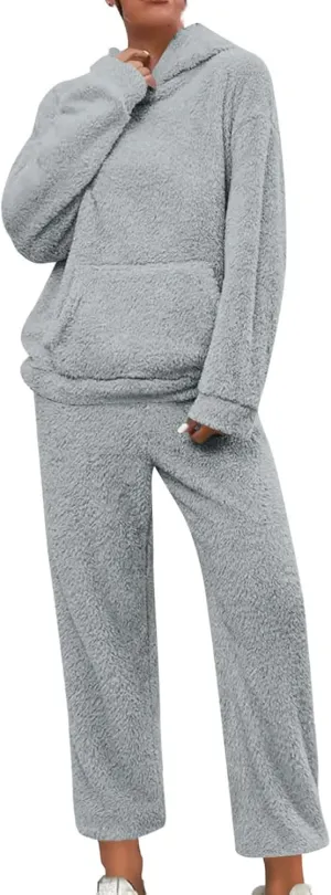 Womens Fuzzy Fleece Pajamas Sets Sherpa Long Sleeve Hoodie and Pants 2 Piece Plush Sleepwear Lounge Tops