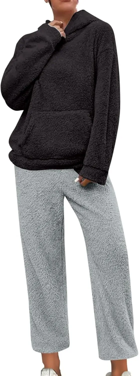 Womens Fuzzy Fleece Pajamas Sets Sherpa Long Sleeve Hoodie and Pants 2 Piece Plush Sleepwear Lounge Tops