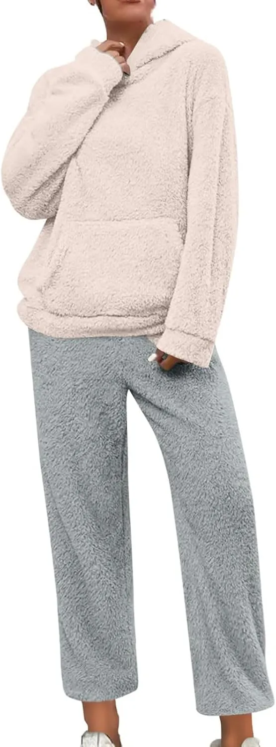 Womens Fuzzy Fleece Pajamas Sets Sherpa Long Sleeve Hoodie and Pants 2 Piece Plush Sleepwear Lounge Tops