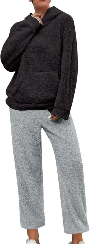 Womens Fuzzy Fleece Pajamas Sets Sherpa Long Sleeve Hoodie and Pants 2 Piece Plush Sleepwear Lounge Tops