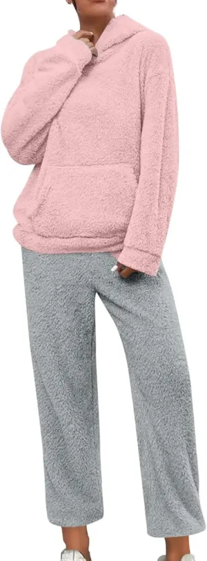 Womens Fuzzy Fleece Pajamas Sets Sherpa Long Sleeve Hoodie and Pants 2 Piece Plush Sleepwear Lounge Tops