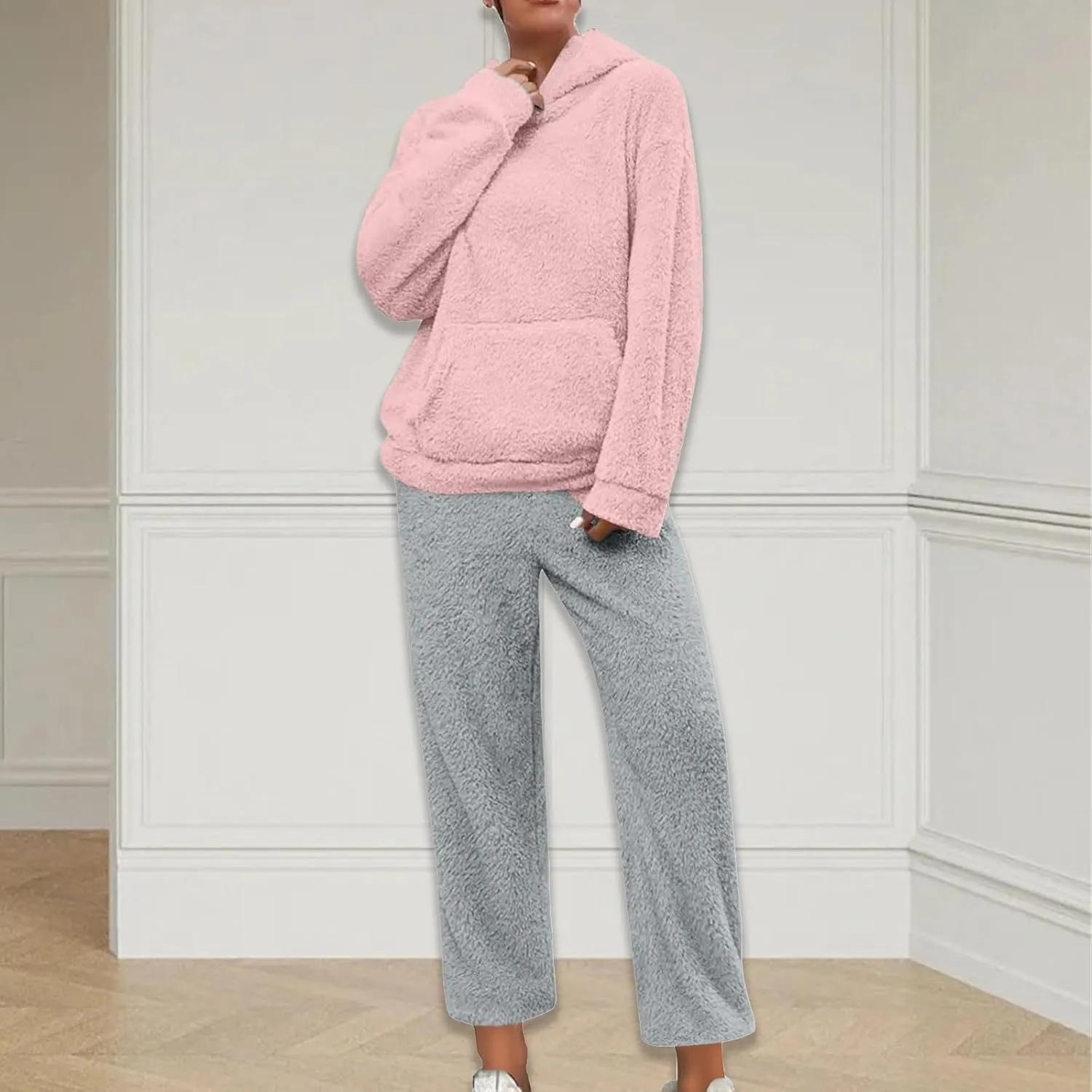 Womens Fuzzy Fleece Pajamas Sets Sherpa Long Sleeve Hoodie and Pants 2 Piece Plush Sleepwear Lounge Tops