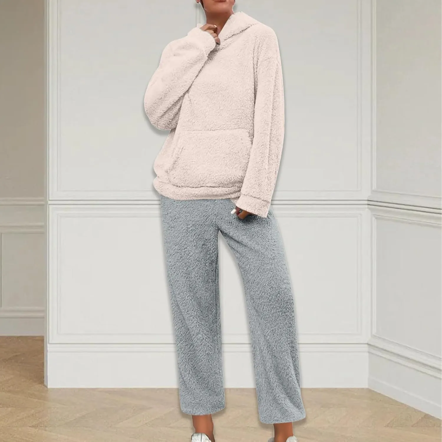 Womens Fuzzy Fleece Pajamas Sets Sherpa Long Sleeve Hoodie and Pants 2 Piece Plush Sleepwear Lounge Tops